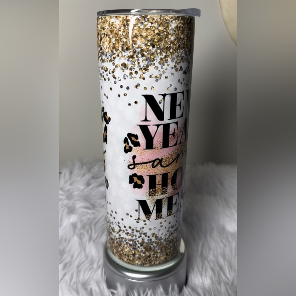 BRAND NEW White & Gold Glitter Leopard Print Stainless Tumbler w/ Straw